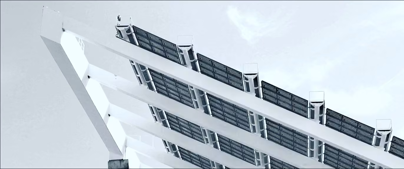 Large solar array viewed from below